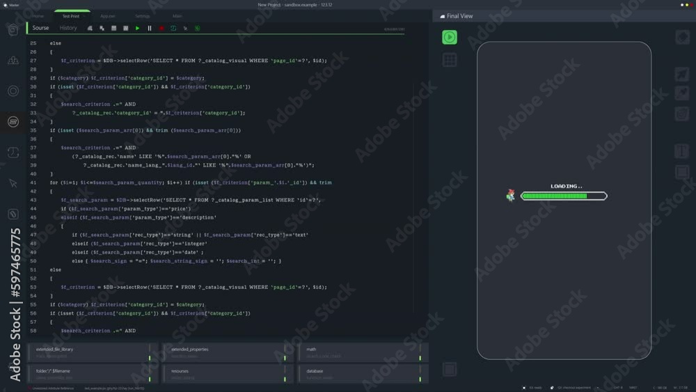 Leinwandbilder Dark Programming Interface for Mobile Applications UX, UI Development With Lines of Code Running. Coding Process Behind Mobile 8 Bit Game Design. Template for Desktop Computer Displays and Laptops.