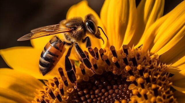 A honeybee collecting pollen on a sunflower. AI generated