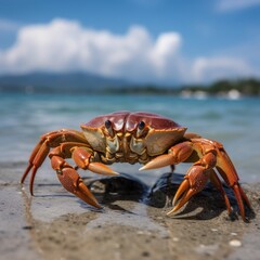 red crab on the beach. - obrazy, fototapety, plakaty