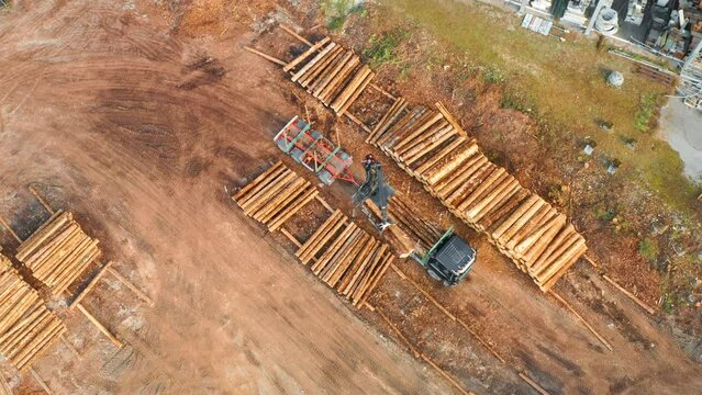 Professional machinery loads wooden trunks on stack putting in rows in plant yard. Heavy loader operates at rural sawmill near forest aerial view