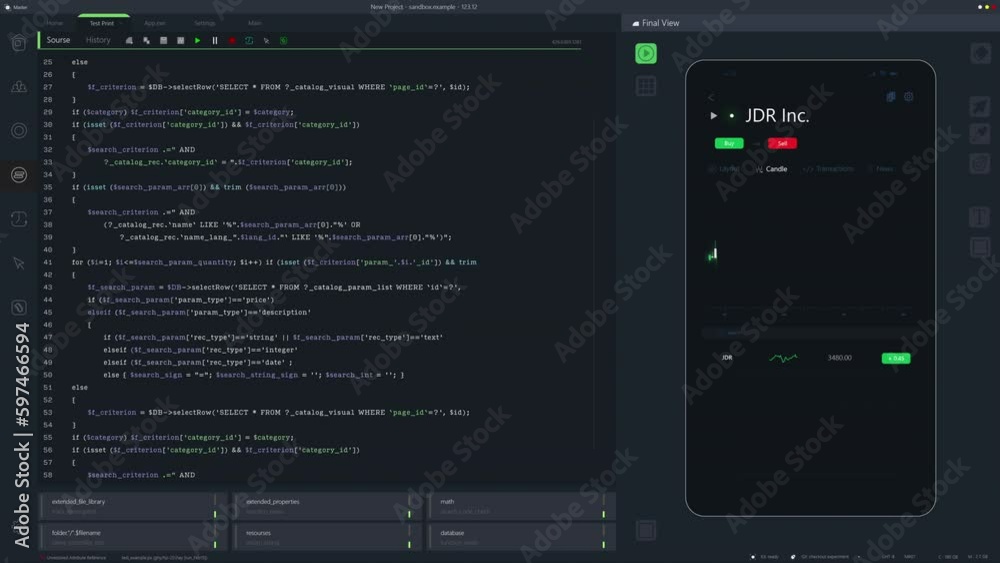 Poster Dark Programming Interface for Mobile Applications UX, UI Development With Lines of Code Running. Coding Process Behind Investment Platform App Design. Template for Desktop Computer Displays, Laptops.