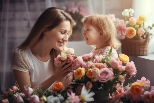 Mother's Day Bliss: Celebrating with Flowers and Family Bonding , love and affection. Generative ai