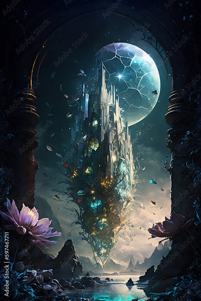 Wall mural fantasy castle with a full moon in the background generative ai