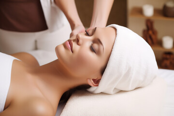 Obraz na płótnie Canvas Beautiful woman receiving treatment at spa. Head massage at beauty spa. Skin rejuvenation concept. Digital ai art 