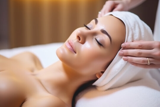Beautiful woman receiving treatment at spa. Head massage at beauty spa. Skin rejuvenation concept. Digital ai art	