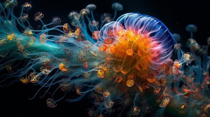 A magnified portrayal of a jellyfish tentacles. AI generated