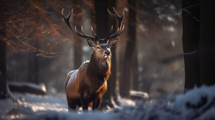 A deer in a snowy forest with a snowy background. Generative Ai