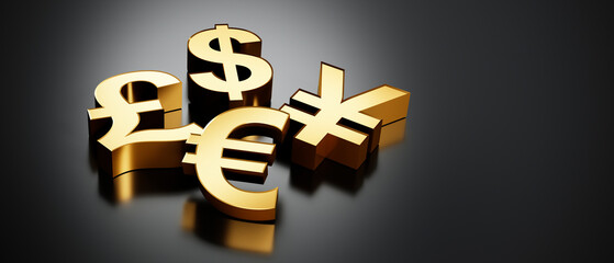 The four main golden currency symbols over black background with copy space - Concept of trading - 3D illustration