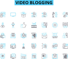 Video blogging linear icons set. Vlogging, Youtube, Blogging, Content, Influencer, Camera, Editing line vector and concept signs. Channel,Upload,Audience outline illustrations