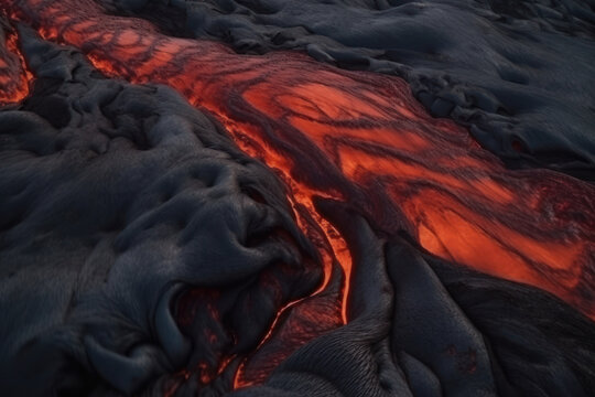 Aerial top view of hot volcanic magma flowing on a cold blue glacier, created with Generative AI technology