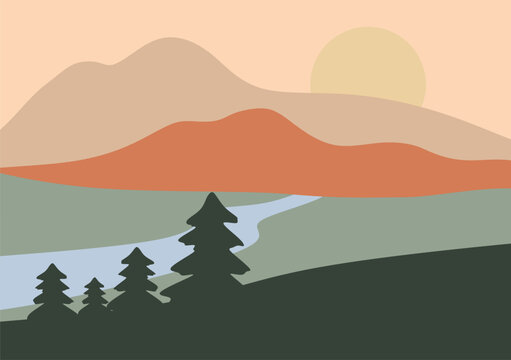 Abstract vector landscape. Mountains, hills, coniferous forest, river, silhouettes. Illustration. Photo Wallpapers