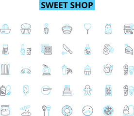 Sweet shop linear icons set. Candy, Confectiry, Sugary, Desserts, Lollipops, Chocolate, Gum line vector and concept signs. Jellybeans,Cupcakes,Taffy outline illustrations