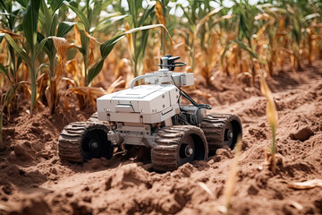 Small AI robot drone is working in a Corn field farm, for agriculture technology concept, Generative AI - 597468359