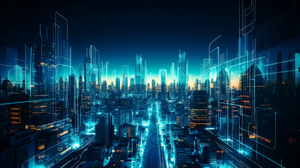 Futuristic city with Blue and orange neon light for background and banner, Generative AI - 597468398