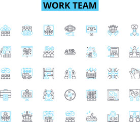 Work team linear icons set. Synergy, Collaboration, Unity, Camaraderie, Trust, Coordination, Cohesion line vector and concept signs. Cooperation,Respect,Support outline illustrations