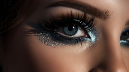 Single eye with shimmering silver eyeshadow. AI generated