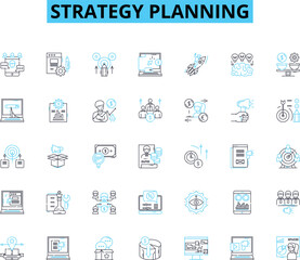 strategy planning linear icons set. Alignment, Analysis, Approach, Blueprint, Collaboration, Communication, Competitiveness line vector and concept signs. Convergence,Creativity,Deployment outline