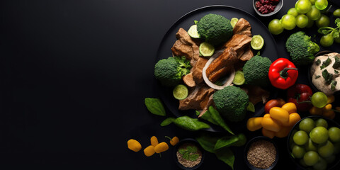 Fresh And Colorful Plate Of Vegetables And Fruits On A Stylish Black Surface With Tablecloth - Perfect For Healthy Eating And Food Blogs! High Protein Food, Healthy Food, Generative AI