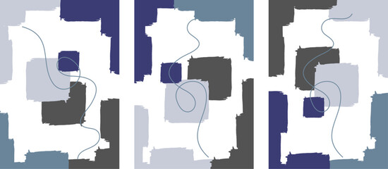 Set of three art posters Blue cubism abstract design composition in trendy contemporary collage style, for wall art decoration, postcard, cover design