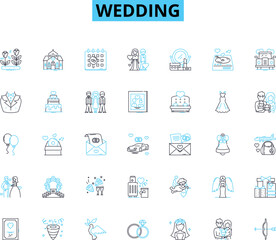 Wedding linear icons set. Love, Rings, Vows, Flowers, Dress, Cake, Venue line vector and concept signs. Ceremony,Reception,Guests outline illustrations