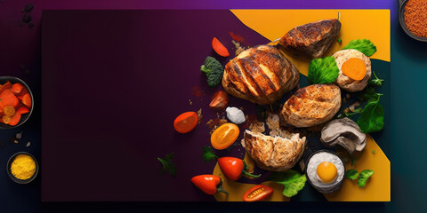 Colorful Food Display On Vibrant Purple And Yellow Background With Borders - A Variety Of Delicious Foods And Vegetables Perfect For Food Blogs And Restaurant Websites High Protein, Generative AI