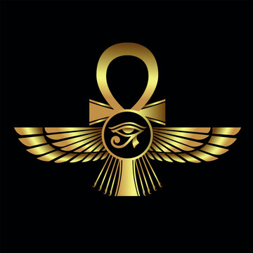 Pharaonic wings and the key to life and the Egyptian Eternal Sun icon logo - vector
