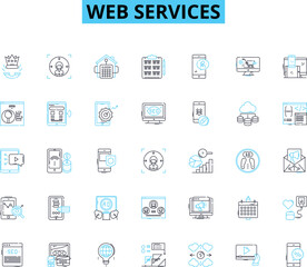 Web services linear icons set. Integration, Security, API, Scalability, Microservices, Cloud, XML line vector and concept signs. REST,SOAP,JSON outline illustrations