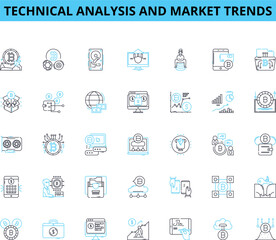 Technical analysis and market trends linear icons set. Resistance, Support, Momentum, Volume, Breakout, Trendline, Pattern line vector and concept signs. Indicator,Candlestick,Fibonacci outline