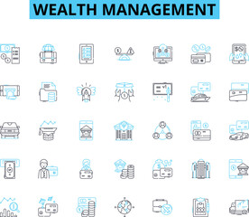 Wealth management linear icons set. Investments, Retirement, Portfolio, Succession, Estate, Trust, Diversification line vector and concept signs. Taxation,Growth,Risk outline illustrations