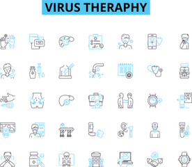 Virus theraphy linear icons set. Immunotherapy, Gene therapy, Antivirals, Vaccines, Antibodies, Retrovirus, Oncolytic line vector and concept signs. Genomics,Microbiology,Pathogenicity outline