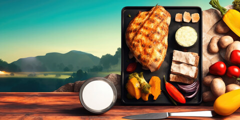 Mountain-View Dining: Enjoy A Delicious Tray Of Meat And Vegetables With Wine, Knife And Fork - Stock Photo High - Protein Diet, Healthy Food Generative AI