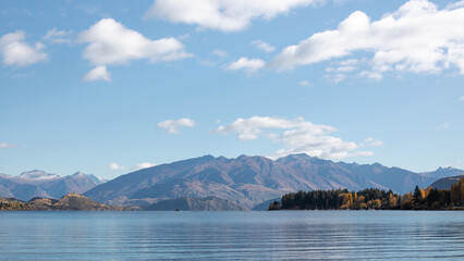  Landscape of a mountain lake in Wanaka, New Zealand. Travel 