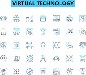 Virtual technology linear icons set. Immersive, Digital, Augmented, Cyber, Virtuality, Simulated, Holographic line vector and concept signs. Telepresence,Interactive,Artificial outline illustrations