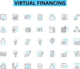 Virtual financing linear icons set. Cryptocurrency, NFTs, Blockchain, Crowdfunding, DeFi, Stablecoin, ICO line vector and concept signs. Smart contract,PP lending,Tokenization outline illustrations