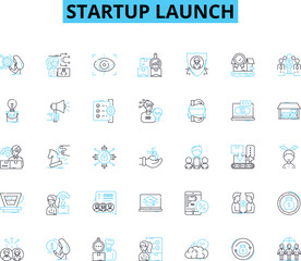 startup launch linear icons set. Momentum, Buzz, Launchpad, Catalyst, Ignition, Unveil, Debut line vector and concept signs. Pier,Breakthrough,Inception outline illustrations