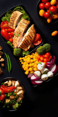 Exquisite Display Of Fresh Food And Vegetables On A Stylish Black Table Cloth - Perfect For Food Bloggers And Restaurant Promotions High Protein Food, Healthy Food, High-Protein Diet  Generative AI