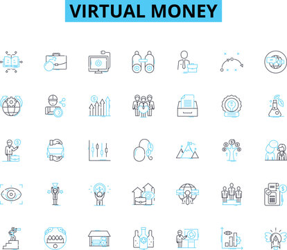Virtual money linear icons set. Cryptocurrency, Blockchain, Bitcoin, Ethereum, Litecoin, Ripple, Token line vector and concept signs. Digital currency,Altcoin,Wallet outline illustrations