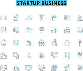 Startup business linear icons set. Innovation, Disruption, Growth, Scalability, Entrepreneurship, Funding, Strategy line vector and concept signs. Marketing,Branding,Technology outline illustrations