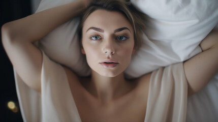 Attractive young woman on bed - AI Photography - obrazy, fototapety, plakaty