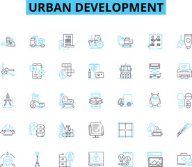 Urban development linear icons set. Gentrification, Redevelopment, Density, Infrastructure, Zoning, Sprawl, Revitalization line vector and concept signs. Sustainability,Commuting,Neighborhoods outline