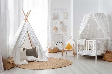 Baby nursery with cradle and play tent in scandinavian style. Baby bedroom. AI generated - obrazy, fototapety, plakaty