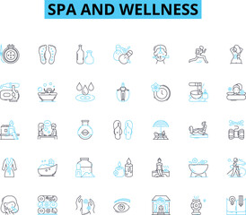 Spa and wellness linear icons set. Relaxation, Renewal, Harmony, Rejuvenation, Serenity, Tranquility, Refreshment line vector and concept signs. Inspiration,Calmness,Comfort outline illustrations