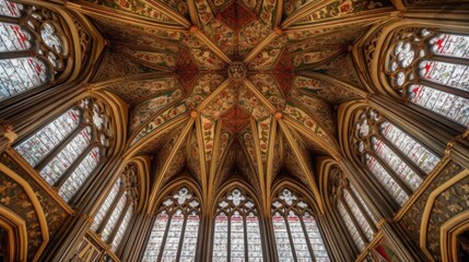 Fototapeta na wymiar Elaborate designs on a cathedral ceiling. AI generated