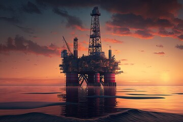Industrial oil rig on calm ocean at sunset. generative ai