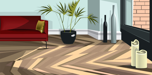 modern interior of a classic contemporary living room with a wooden floor, a red sofa, plant, candles, vases and a balcony door.