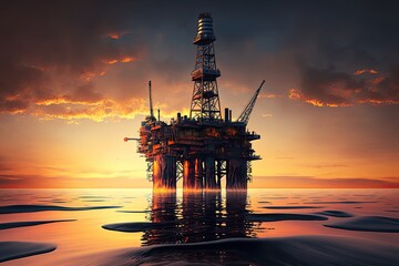 Obraz premium Industrial oil rig on calm ocean at sunset. generative ai