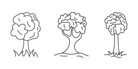 Trees vector doodles. Hand drawn Set of trees icons isolated on white background. Childish and primitive design elements. Line Drawing of Tree collection. Vector illustration