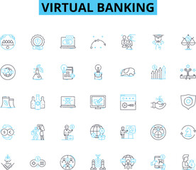 Virtual banking linear icons set. Digital, Online, Mobile, Virtual, Web-based, Automated, Fintech line vector and concept signs. Cryptocurrency,Blockchain,Cashless outline illustrations