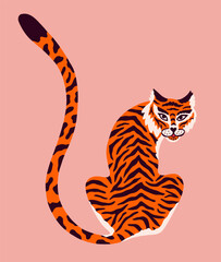 Fototapeta na wymiar Vector poster with abstract tiger. Trendy illustration. Cartoon hand drawn for t shirt print, logo, poster template, tattoo idea. Endangered animal.
