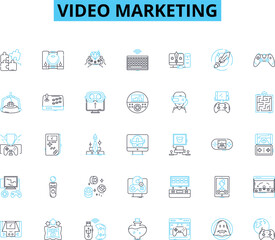 Video marketing linear icons set. Promotion, Advertising, Engagement, Storytelling, Conversion, Branding, Outreach line vector and concept signs. Visibility,Content,Viral outline illustrations
